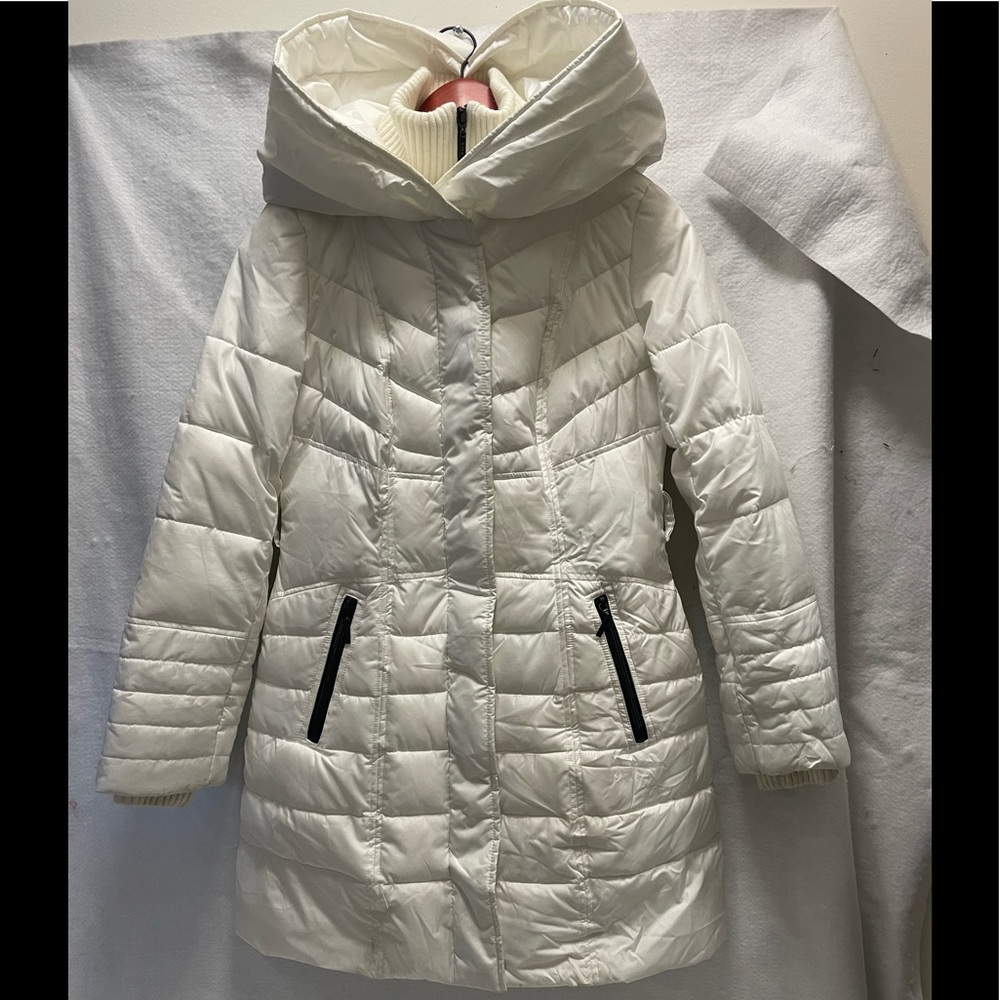 Kensie Long White Winter Puffer Coat w/Oversized Hood